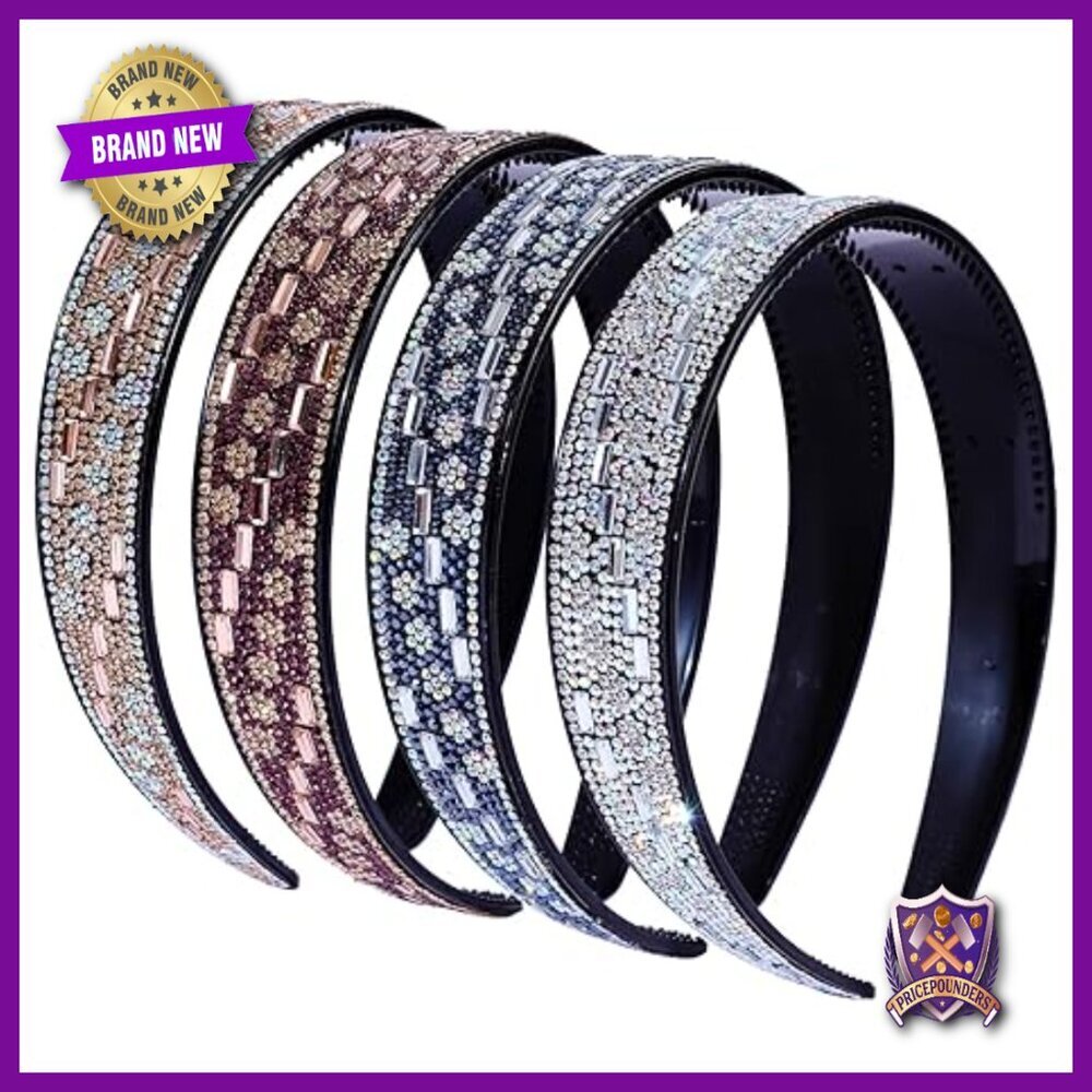 Sparkly Rhinestone Headbands Non-Slip Teeth Hair Hoops 4-Pack